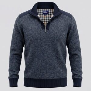 Billy London Mens Large Navy Blue Sweater 1/4 Zip Pullover Fleece Lined Textured